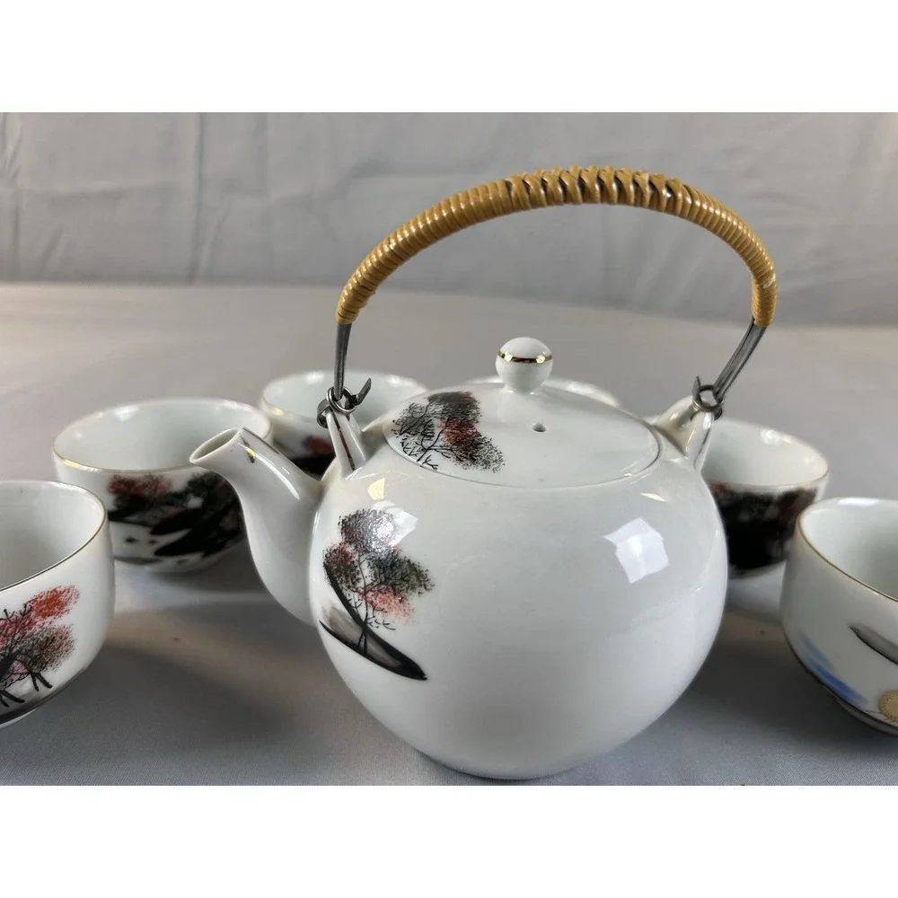 Vintage Japanese Tea Set Teapot & 6 Cups Hand Painted‎ Bamboo Handl